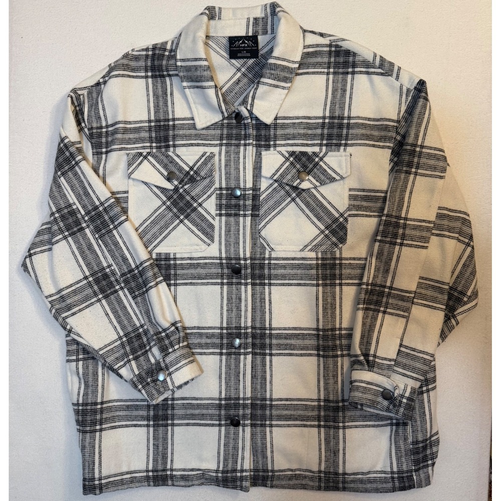 HFX Womens Black White Plaid Shacket Shirt Jacket Size Large 1534711